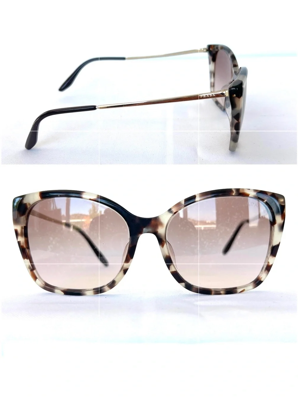 PRADA SPR 12X-F Cat Eye Brown Gradient Lens Tortoise Gold Metal Frame Sunglasses